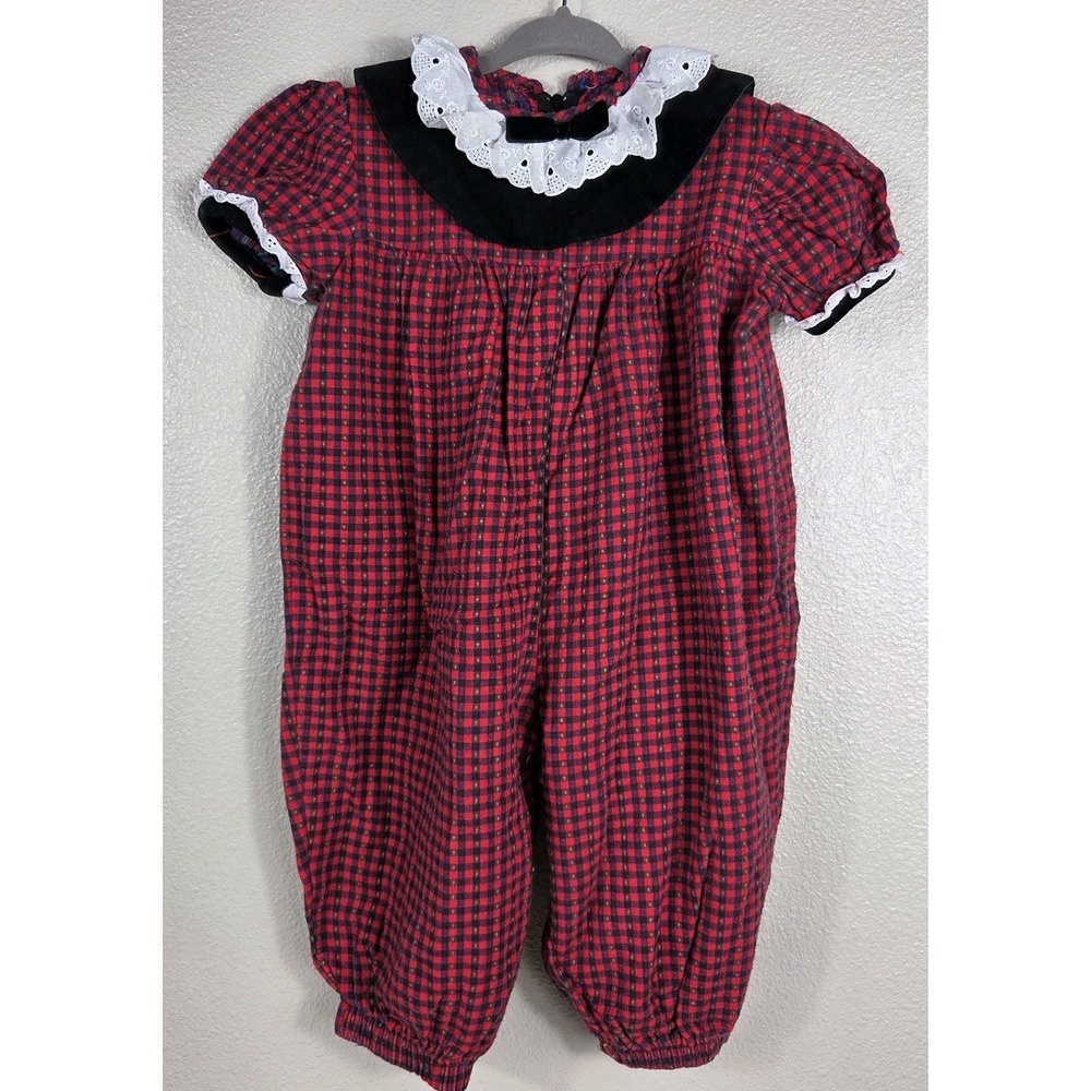 Vintage Good Lad Bubble Romper Red Plaid Velvet Lace Christmas 3-6M USA